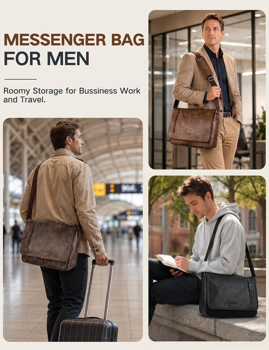 VX VONXURY Umhängetasche Herren und Damen, Vegan Leder 14 Zoll Laptoptasche Messenger Bag Arbeitstas