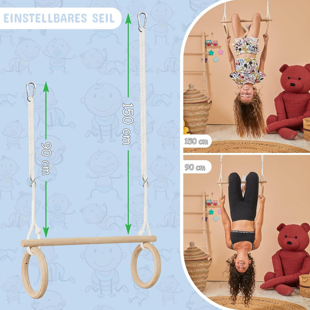 MOAS SHOP® Trapez Schaukel - Turnringe Kinder, Buchenholz, Verstellbare Seillänge, 50 kg Kapazität -