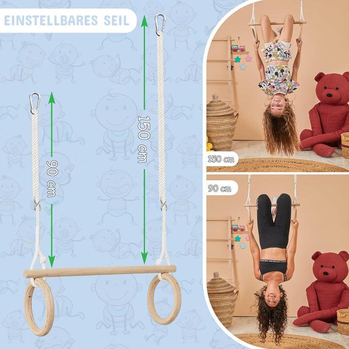 MOAS SHOP® Trapez Schaukel - Turnringe Kinder, Buchenholz, Verstellbare Seillänge, 50 kg Kapazität -