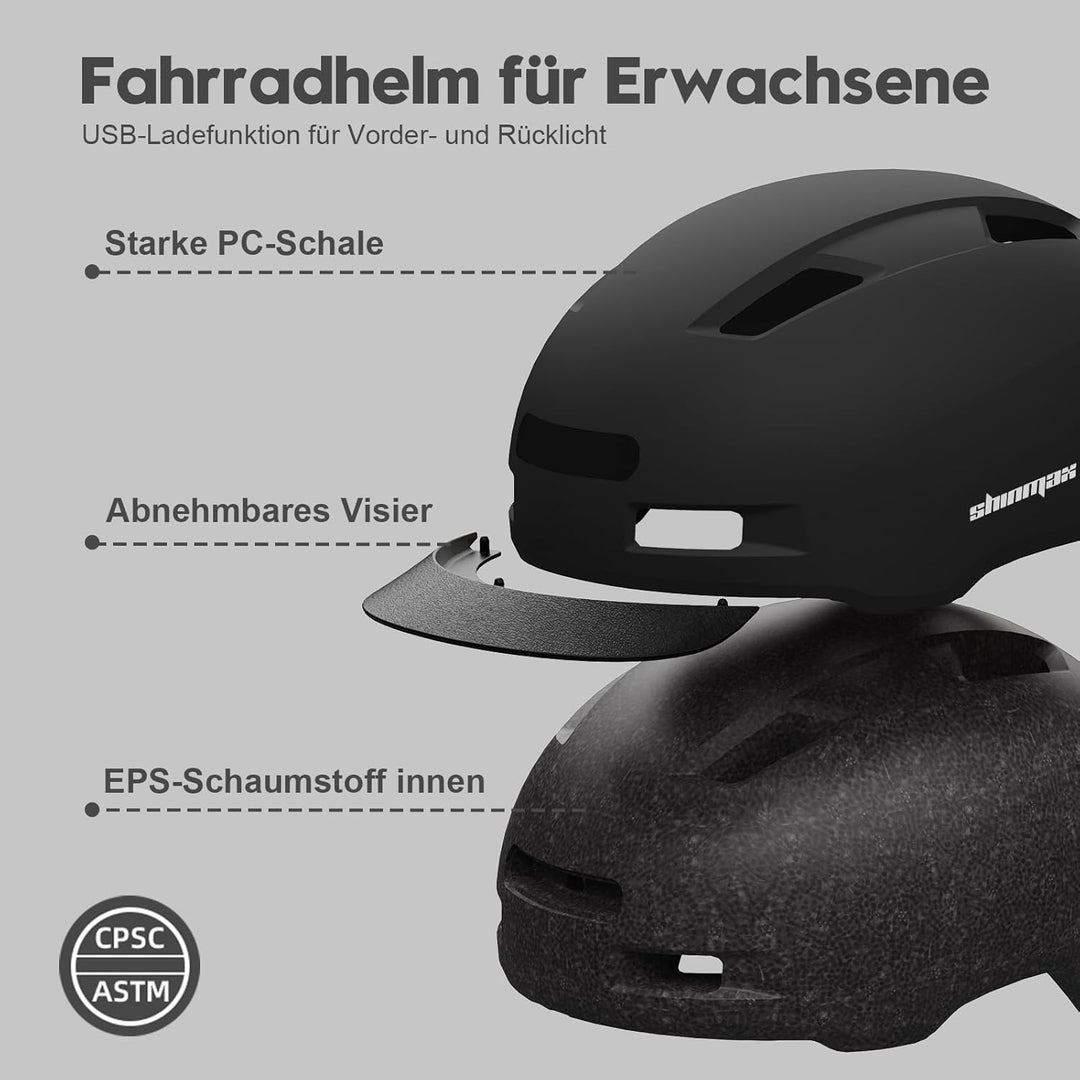 Shinmax Fahrradhelm Herren Damen, Helm Fahrrad mit USB Licht 5 Modi Fahrradhelm mit Visier, Mountain