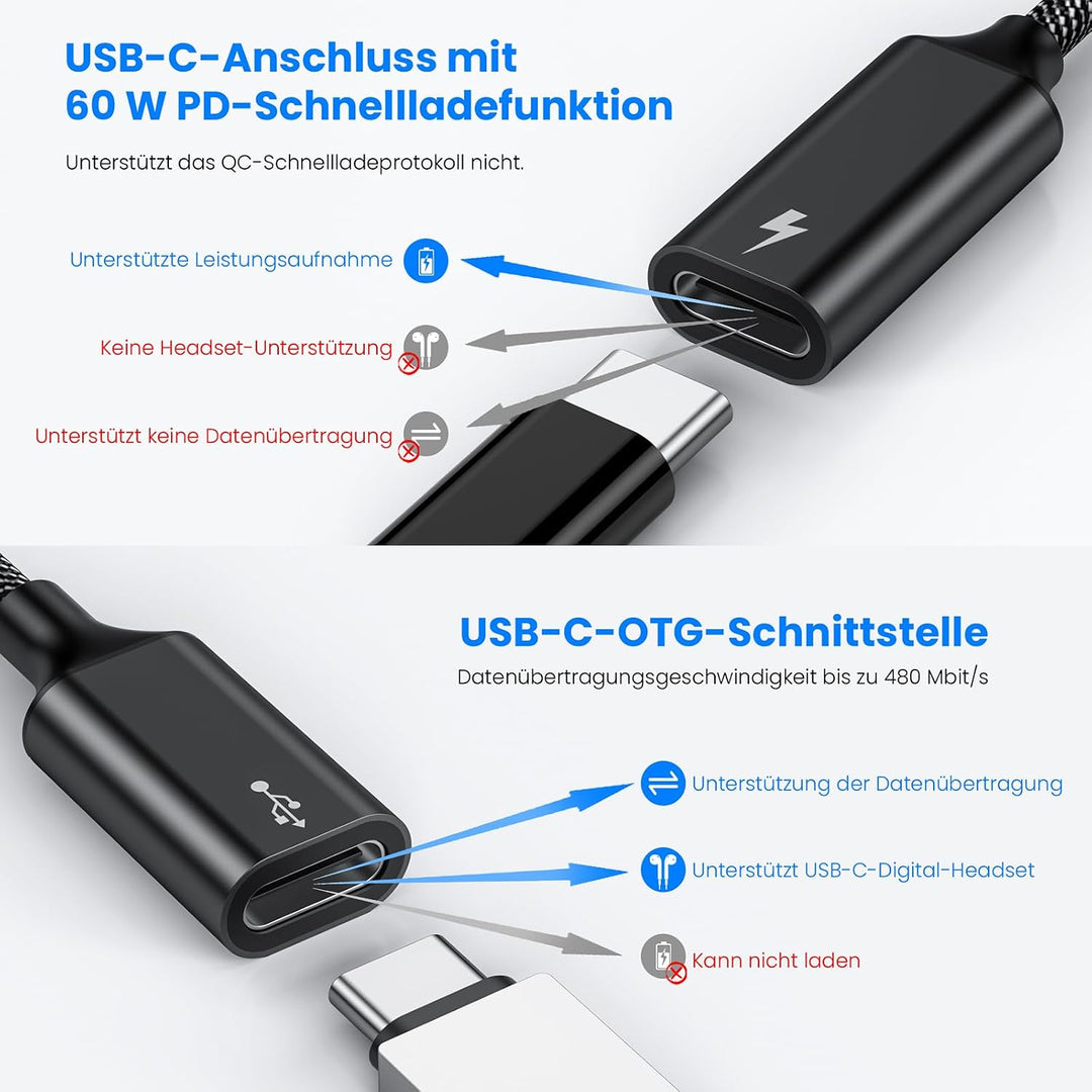 MOGOOD USB-C Splitter 1 auf 2,60W PD,480Mbps, Dual USB-C,2er Set schwarz | Nylon Kabel, kompatibel m