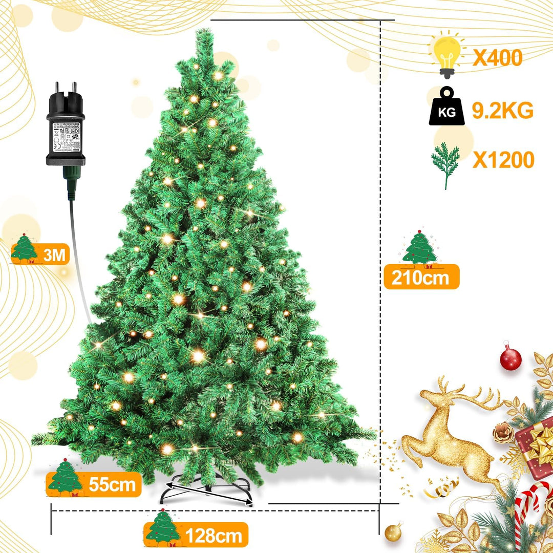 Künstlicher Weihnachtsbaum mit Beleuchtung, 210cm LED Tannenbaum mit Metallständer 400 Warmweissen L