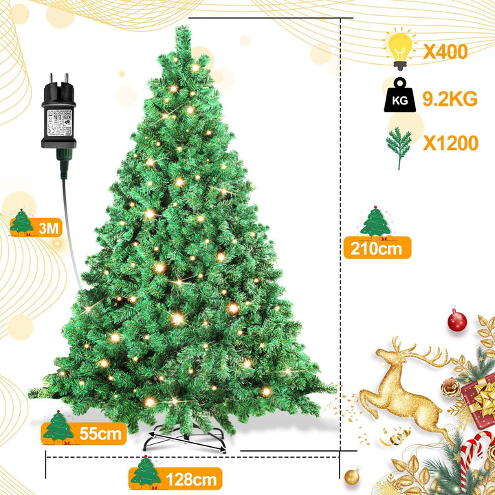 Künstlicher Weihnachtsbaum mit Beleuchtung, 210cm LED Tannenbaum mit Metallständer 400 Warmweissen L