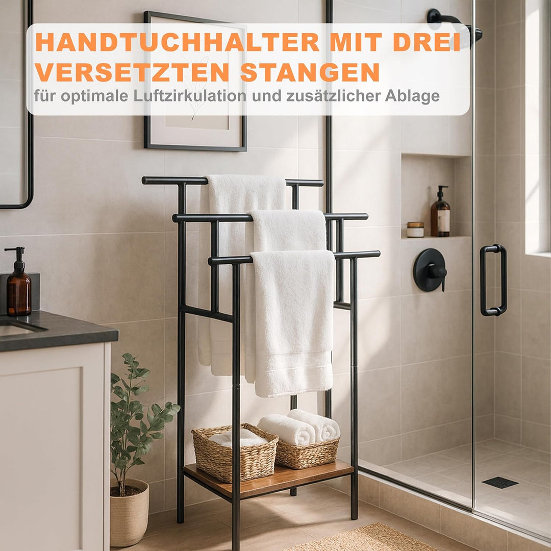 Relaxdays Handtuchständer, Ablage, 3 Stangen, HBT: 100 x 68 x 30 cm, Industrial, stehender Handtuchh