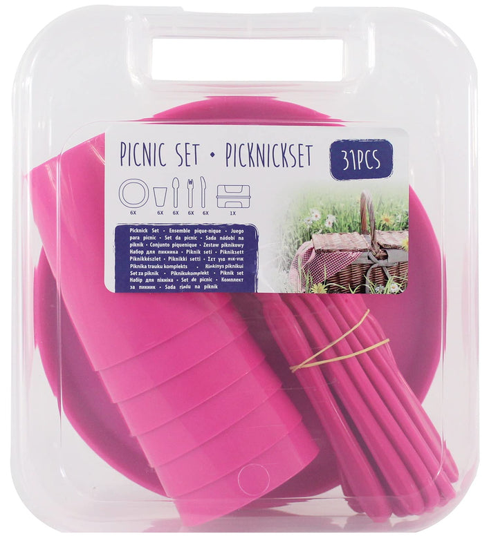 Picknick Set 31 teilig Besteckset Becher Teller Messer Gabel Löffel Transportbox Picknickset Besteck
