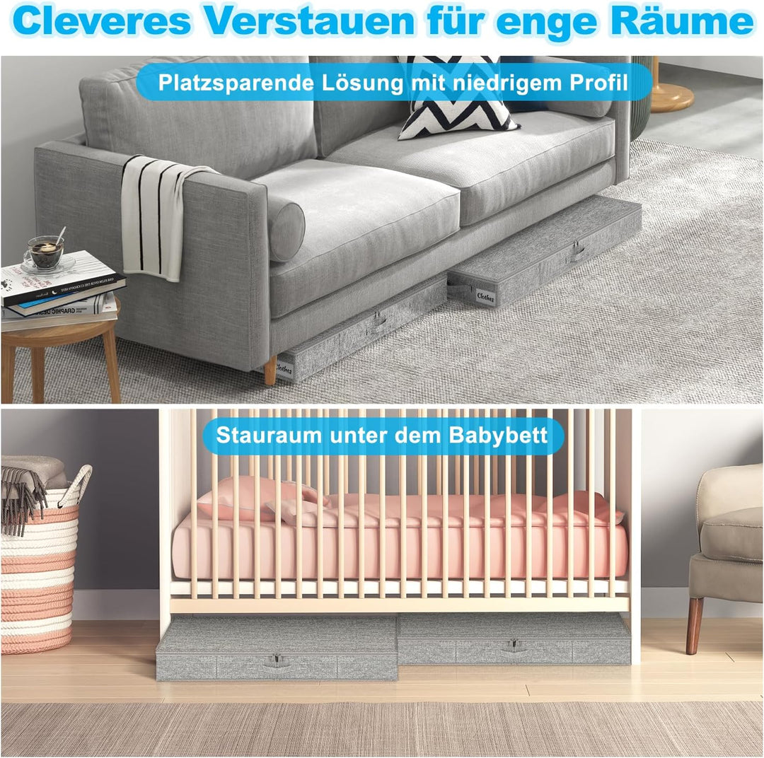 Unterbett Aufbewahrungsbox mit Deckel 12cm hoch, 2 Stück Faltbar Unterbettkommode, Waschbar Kleidera