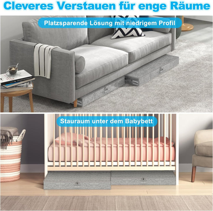 Unterbett Aufbewahrungsbox mit Deckel 12cm hoch, 2 Stück Faltbar Unterbettkommode, Waschbar Kleidera