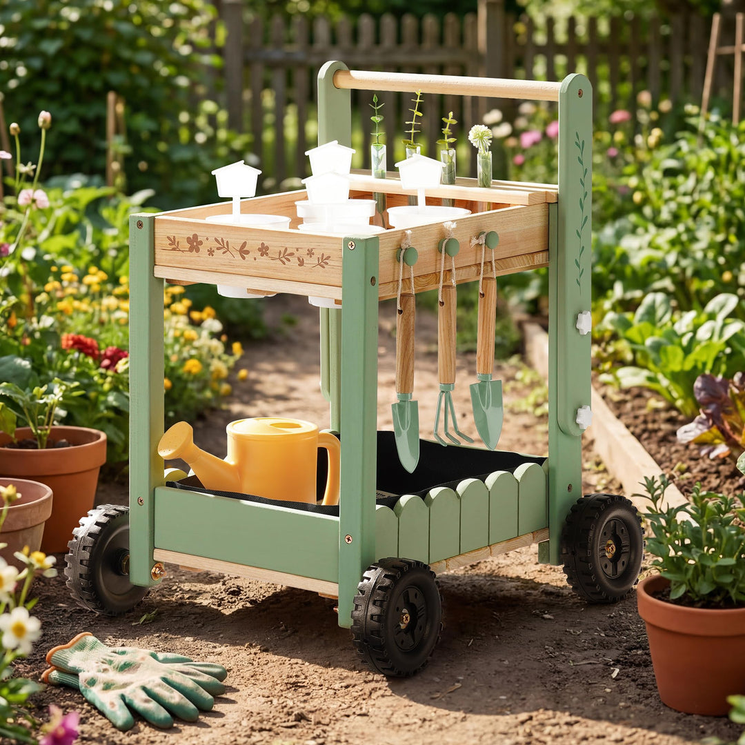 ROBOTIME Holz Gartenwagen für Kinder, Outdoor Garten-Trolley mit 4 Pflanzbechern & 4 Hydroponik-Reag