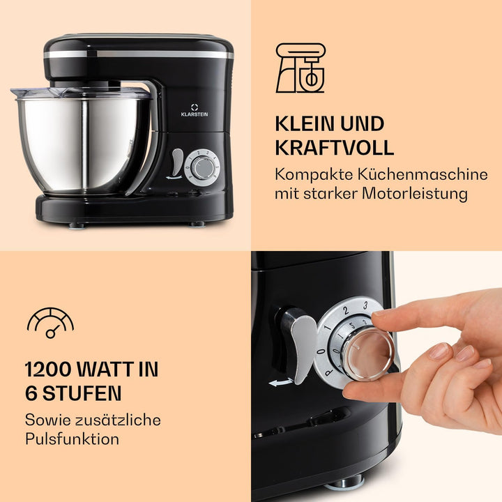 Klarstein Bella Küchenmaschine - Knetmaschine mit 6 Geschwindigkeitsstufen, Rührmaschne aus Edelstah