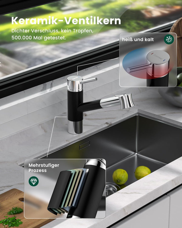 DAYONE Küchenarmatur 360°Drehbar Wasserhahn Ausziehbar Edelstahl Gebürstet Hochdruck Einhand-Spültis