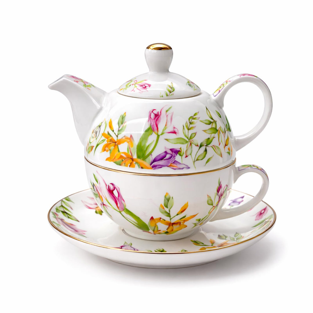 Porcelain Tea for One Set Beautiful Flower Ceramic Teapot with Cup Gifted Box (Tulip), Tulip