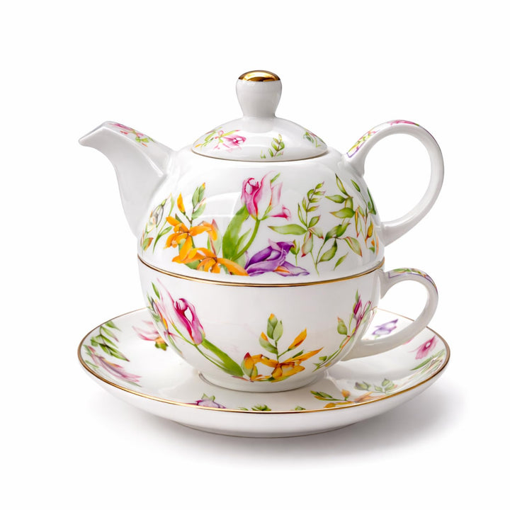 Porcelain Tea for One Set Beautiful Flower Ceramic Teapot with Cup Gifted Box (Tulip), Tulip
