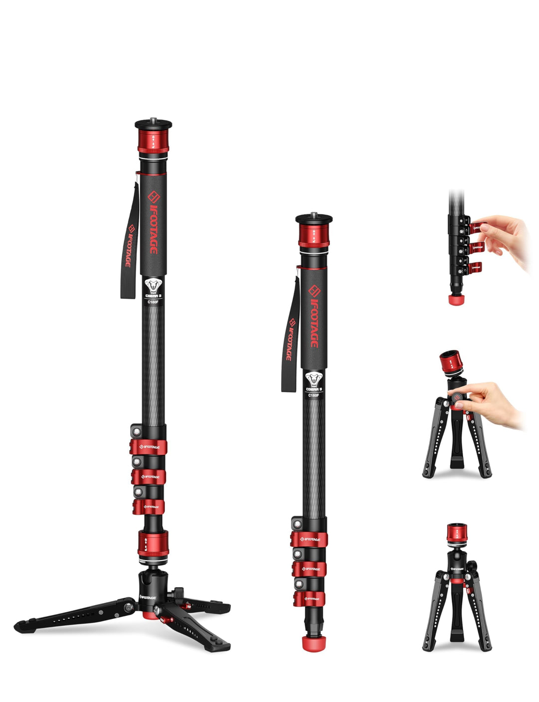 IFOOTAGE Cobra 3 Einbeinstativ Kamera C180F mit Füssen, Mini-Stativ mit Metallschnalle, Kohlefaser,