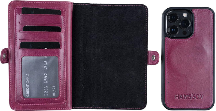 HANS/SON Echtlederhülle iPhone 13 Pro Magenta | Handyhülle aus Leder mit Geldbörse | Magenta iPhone