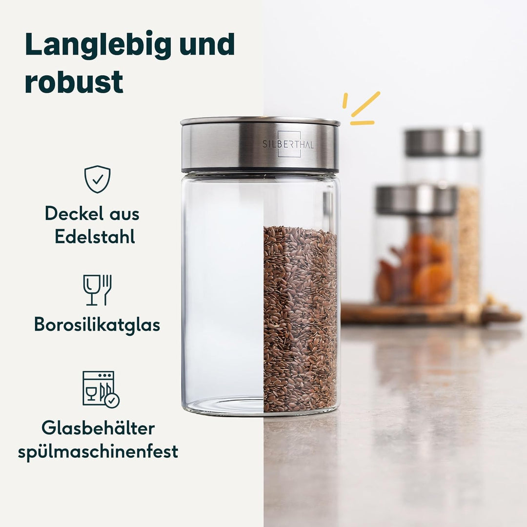 SILBERTHAL Vorratsdosen Glas mit Deckel 1000 ml - Vorratsgläser mottensicher für luftdichte & auslau