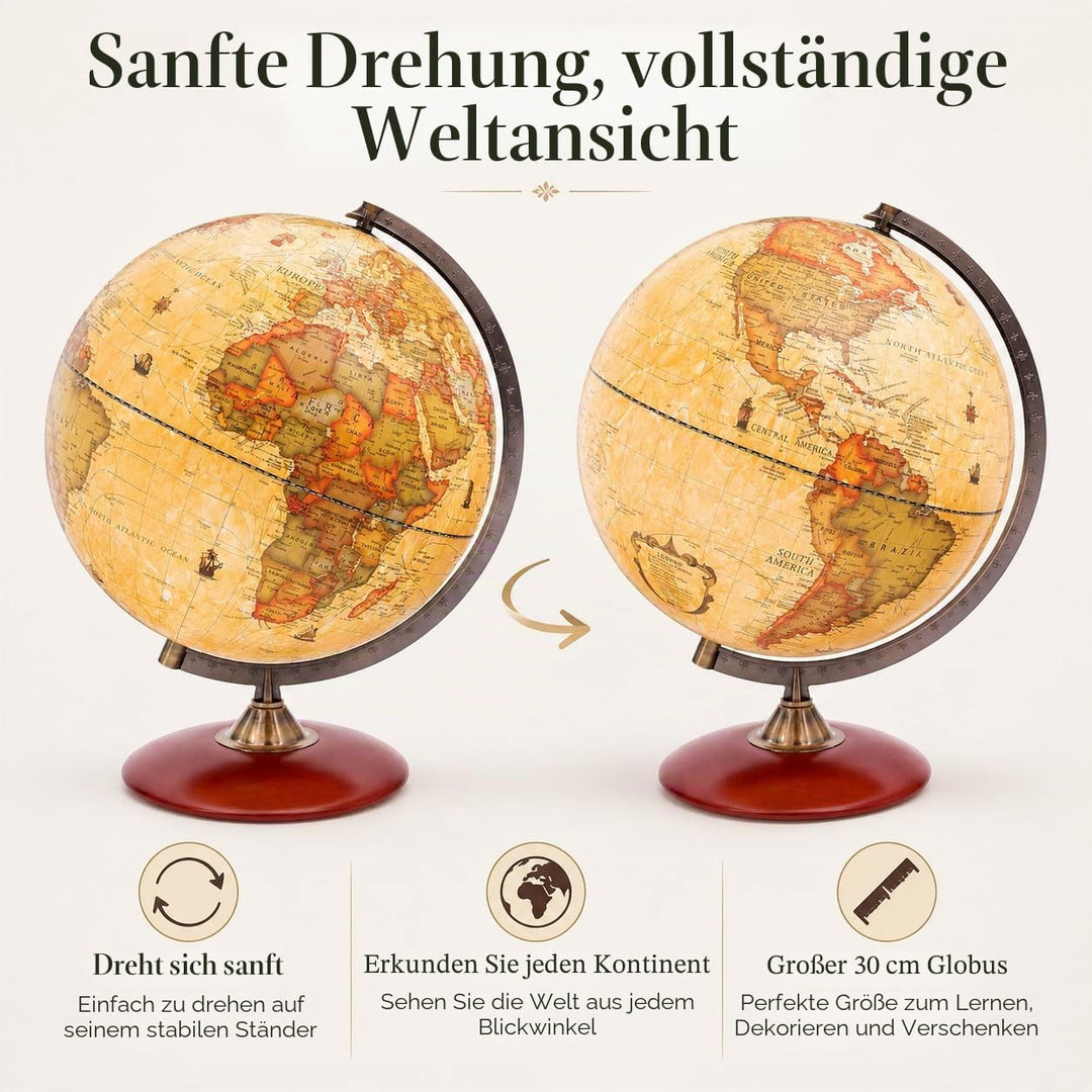 Exerz 30cm Antiker Globus Mit Holzfuss - Englische Karte - Für Kinder Büro Deko - Schülerglobus Mord