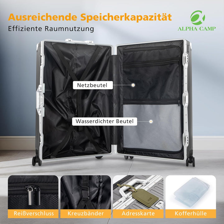 ALPHA CAMP Koffer Set M L Hartschalenkoffer Set Gross mit Rollen Suitcase Set Polycarbonat Aluminium