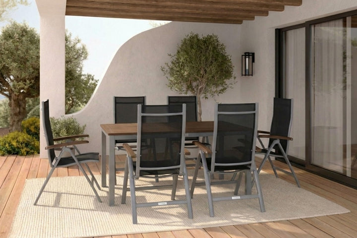 Villana Esstischgarnitur, Silber/schwarz, Alu/FSC-Akazienholz, Gartentisch 150x90cm, 6 Multiposition