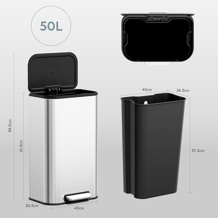 Clevich Mülleimer 50L mit Stahlkorpus und Soft-Close-Funktion, Deckel mit Edelstahloberfläche, abneh
