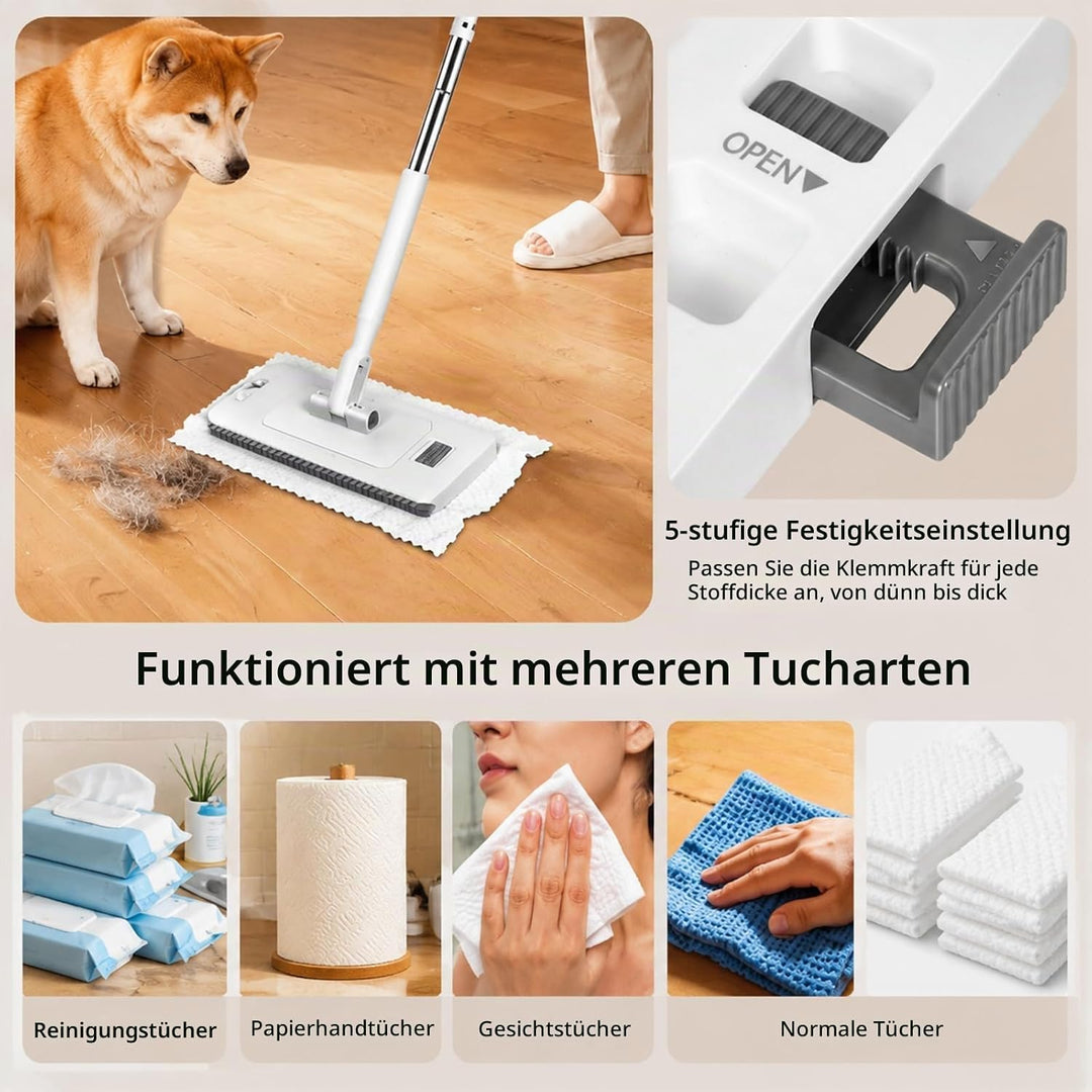 Wischmopp mit Druck-Klemm-System mit Mini Mop 120cm 2-in-1 kontaktlos Mop Leichtgängiges Schnappklem