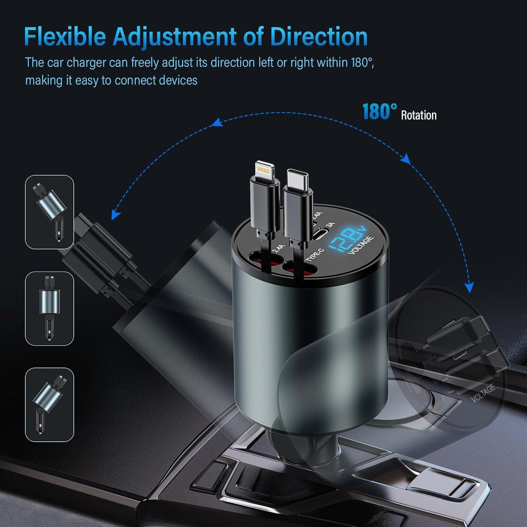 Auto Ladegerät Zigarettenanzünder USB C 4 in 1 56W - KFZ Ladegerät mit 2 einziehbaren Kabeln(Type C,
