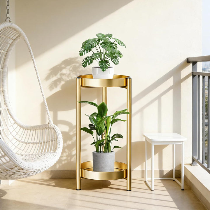 Pflanzenständer Metall 2-Stöckig Blumenständer Gold, Pflanzentisch 60cm | Runder Blumentopfregal für