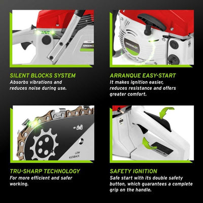 GREENCUT GS620X - Benzin-Kettensäge mit 2-Takt-Motor 62cc 3,8 PS mit 20'' Blatt, Easy-Start, Anti-Vi