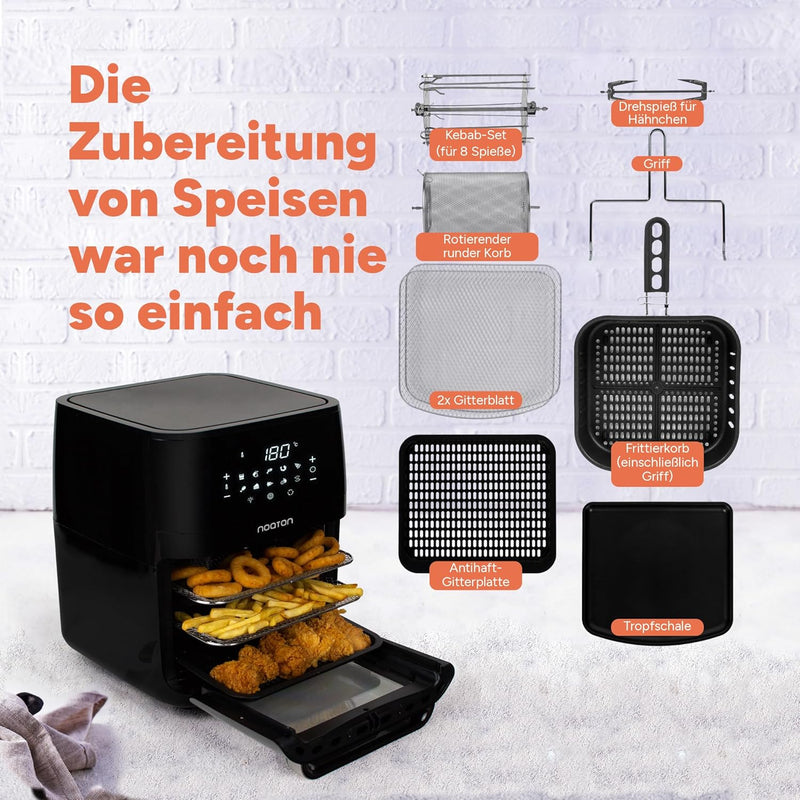 Noaton A120 Ultra Pro Heissluftfritteuse 12L, Fritteuse ohne Öl, Inklusive Rezeptbuch und 26 cm Küch