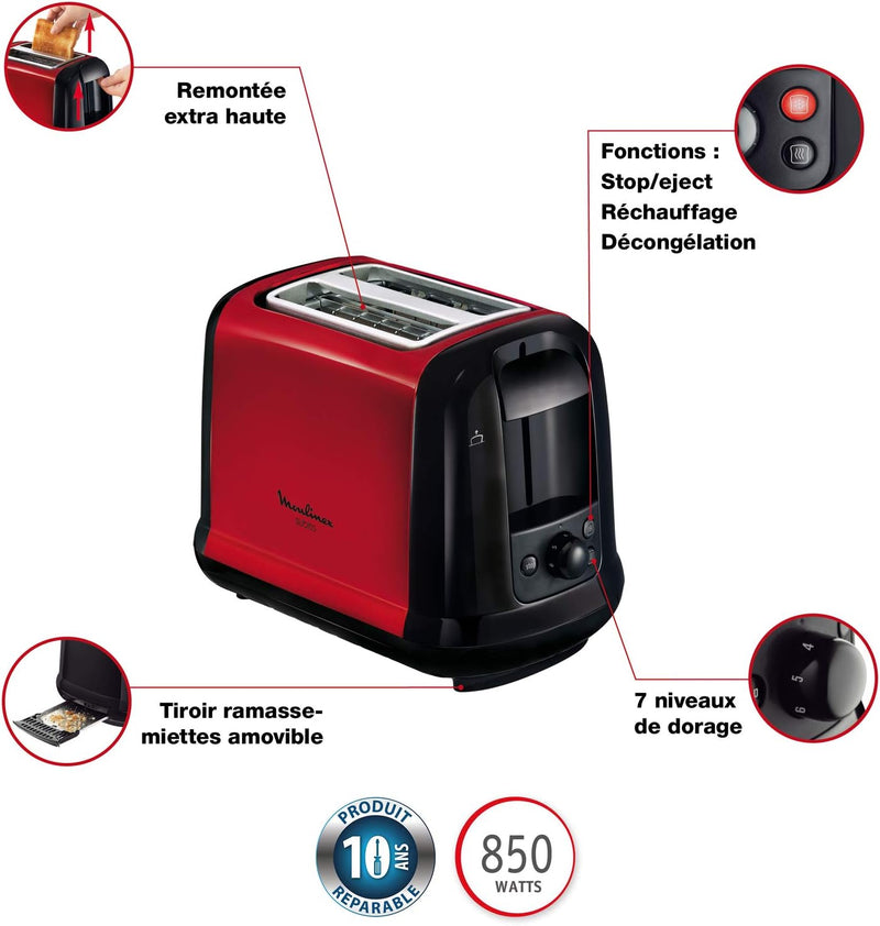 Moulinex LT260D11 Subito Toaster, Aufwärm- und Auftaufunktion, Krümelschublade, Schwarz/Edelstahl Ro