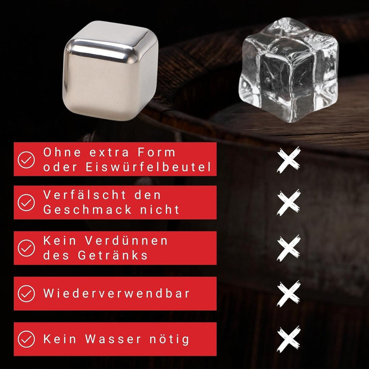 WOMA Whisky Steine Set I 4 Edelstahl Kühlwürfel inkl. Whiskey Glas, Samtbeutel & hochwertiger Holzbo