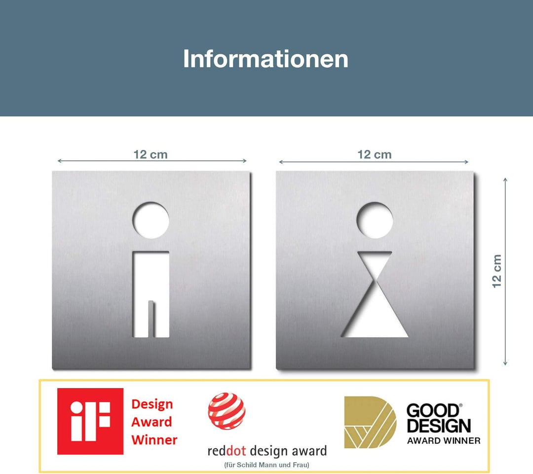 PHOS Design, PSK-B1, 2 WC-Türschilder je 12 x 12 cm, Frau Mann Symbole, Edelstahl, selbstklebend, To