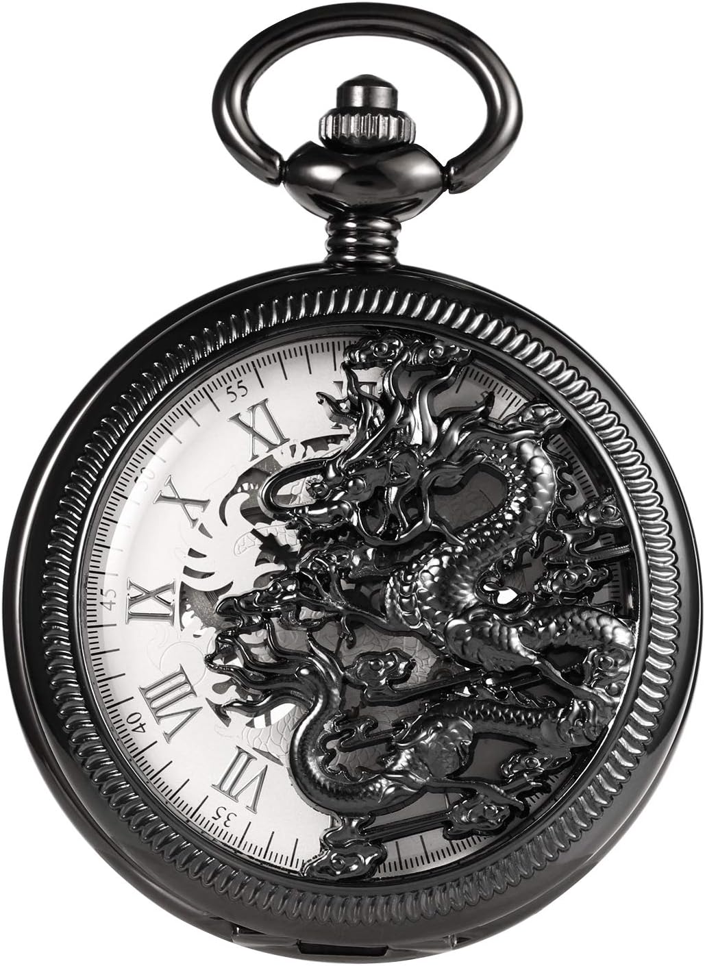 TREEWETO Unisex Taschenuhr mit Kette Analog Handaufzug Mechanisch Antik Drache Skelett Für Herren Da