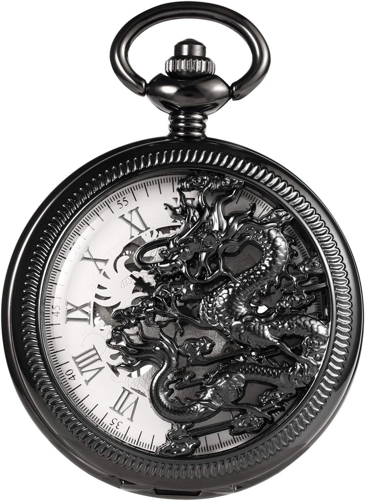 TREEWETO Unisex Taschenuhr mit Kette Analog Handaufzug Mechanisch Antik Drache Skelett Für Herren Da