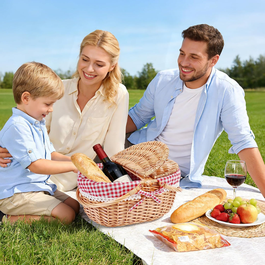 Picknickkorb, Picknickkorb mit Doppelt zu öffnendem Deckel und Klappbarem Griff, Handgewebter Korb m
