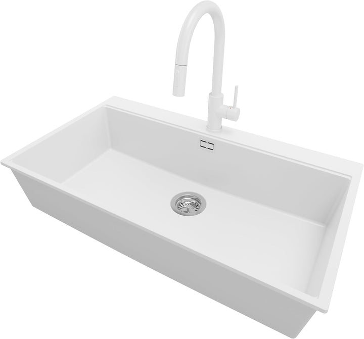 PRIMAGRAN Granitspüle Weiss 88x50cm, Spülbecken 1 Becken + Ablauf-Set + Küchenarmatur 40x22cm, Küche