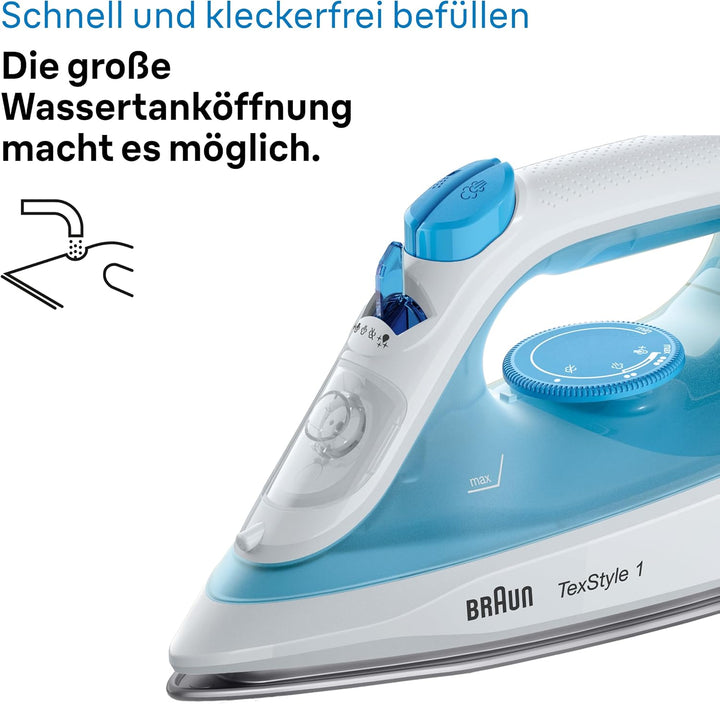 Braun Dampfbügeleisen TexStyle 1 SI1029BL, Bügeleisen, Antihaftbeschichtete Bügelsohle, 120 g/min Da