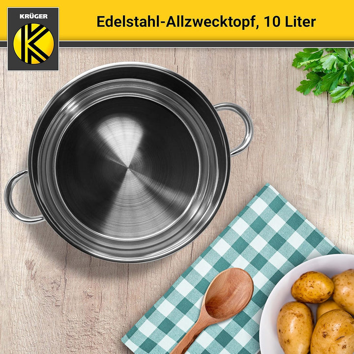 Krüger Edelstahl-Allzwecktopf - Kochtopf mit Deckel zum Sichtkochen - energiesparender Kapselboden -