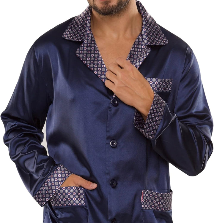 edler und hochwertiger Satin-Pyjama Herren-Schlafanzug Hausanzug, M Marine