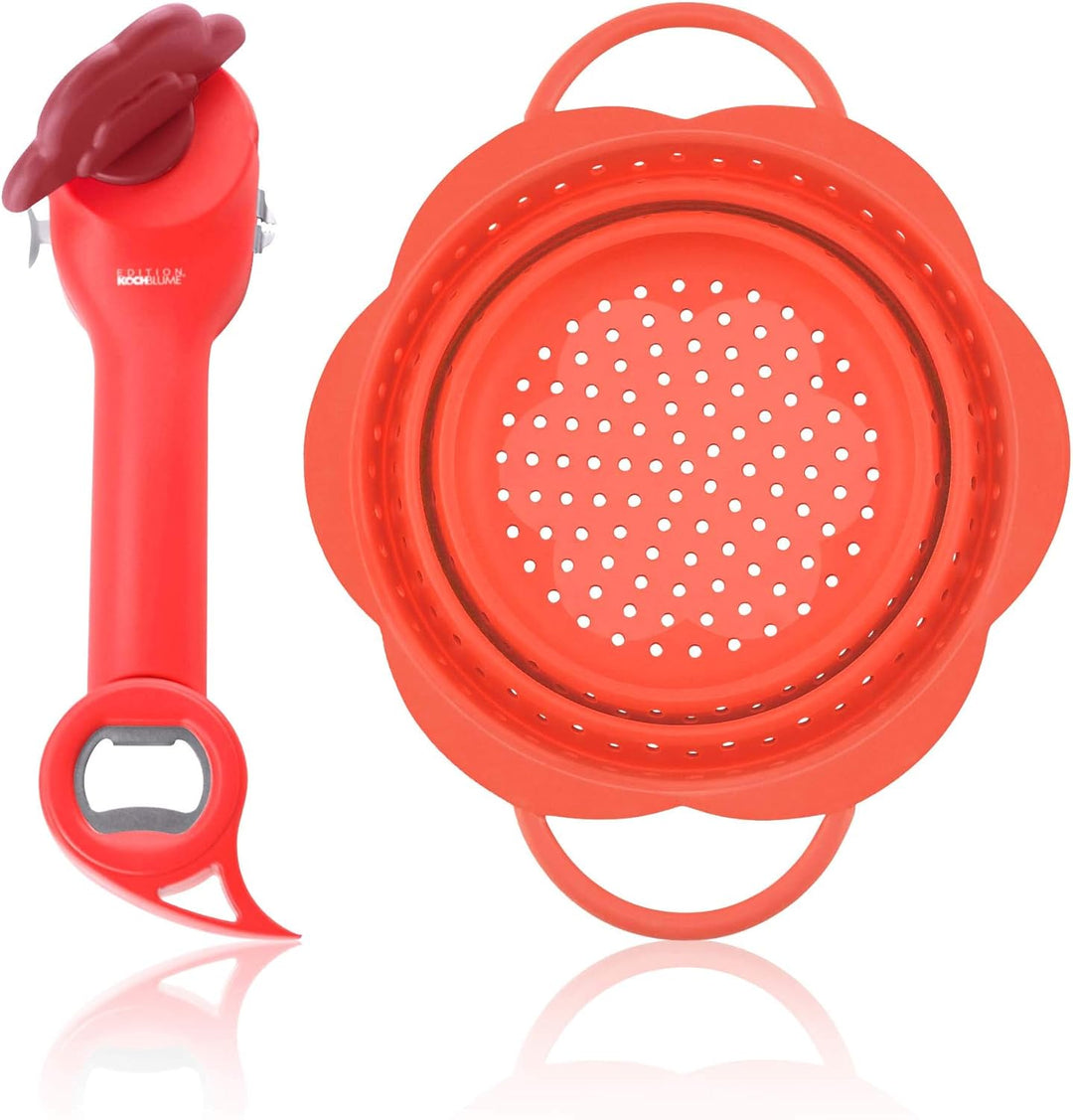 Kochblume Dosenöffner Set L | Dosenöffner, Faltsieb S | (rot), Rot
