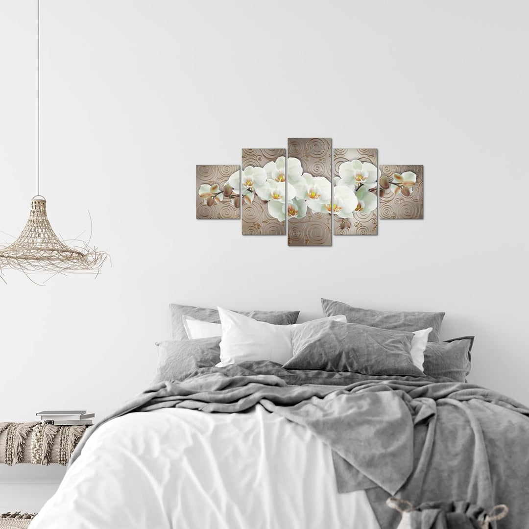 Runa Art Wandbilder Blumen Orchidee 5 Teilig Bild auf Vlies Leinwand Deko Wohnzimmer Abstrakt Beige