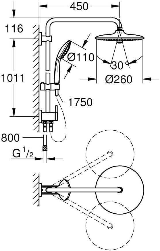 GROHE Vitalio Joy Shower System 260 - Duschsystem mit Umstellung (für die Wandmontage, 3 Strahlarten