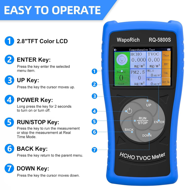 3-in-1-Luftqualitätsmonitor RQ-5800S, Formaldehyd-Detektor, TVOC, HCHO-Monitor zum Testen von PM2,5,