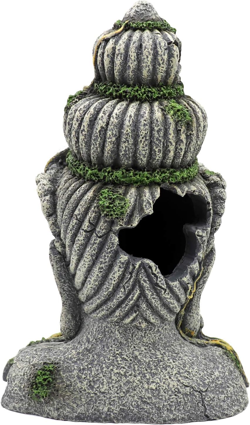 MUYIRTED Buddha Aquarium Dekoration Höhle Grosse Aquarium Ornamente, Grüne Moos Pflanze Bedeckt Stei