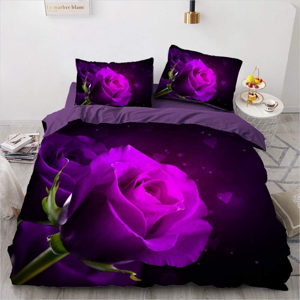 Luowei Rosen Bettwäsche 135x200cm 4 Teilig Lila Rosenmuster Vintage Blumen Bettwäsche Set Microfaser