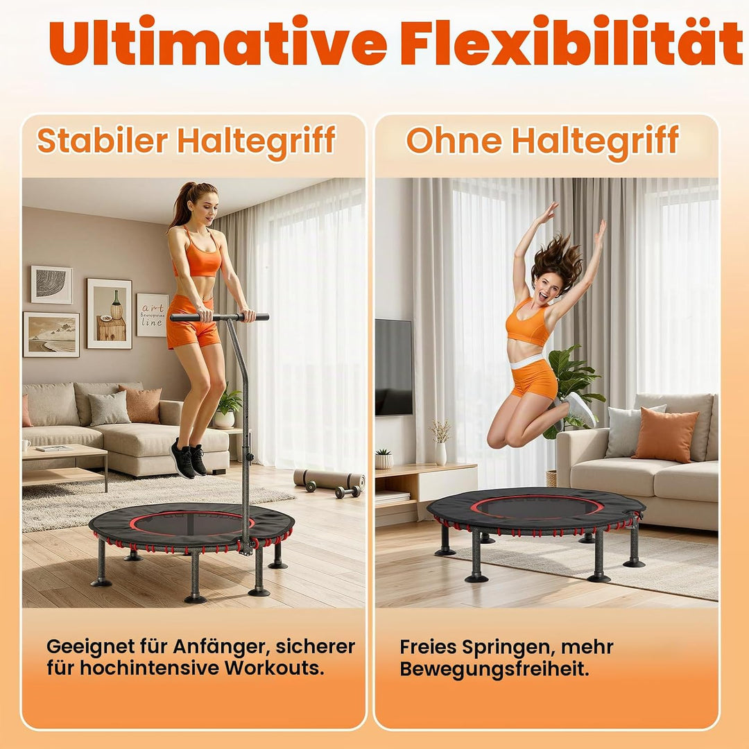 LIFERUN Fitness Trampolin Indoor | mit Randabdeckung | Bis 150kg Belastbar | 3 Verstellbare Haltegri