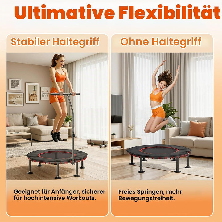 LIFERUN Fitness Trampolin Indoor | mit Randabdeckung | Bis 150kg Belastbar | 3 Verstellbare Haltegri