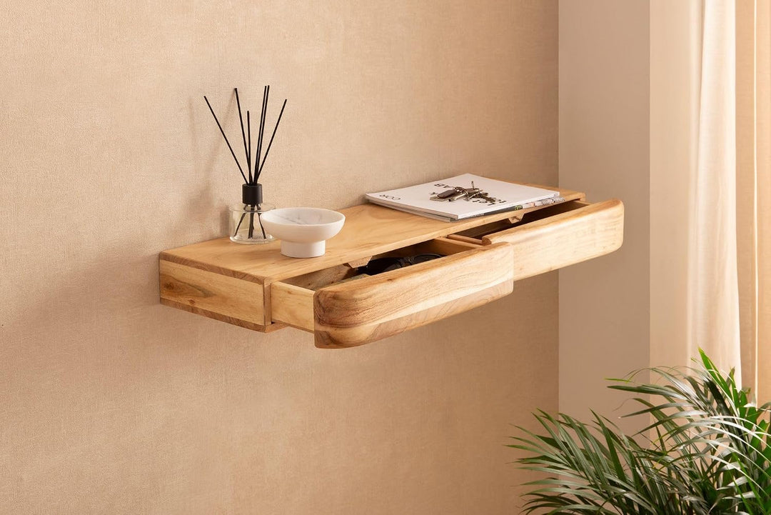 Wohnling Wandregal 80x20x8 cm Akazie Massivholz mit 2 Schubladen 80 cm, 80 cm