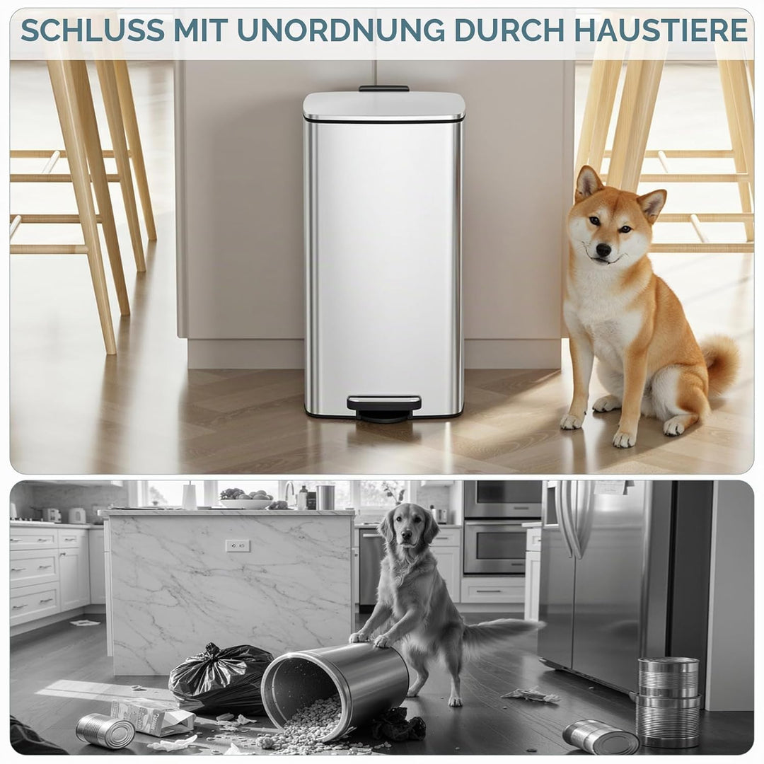 LIFERUN Mülleimer 30L aus Stahl, rechteckiger Abfalleimer mit Soft-Close-Deckel, Pedal und Inneneime