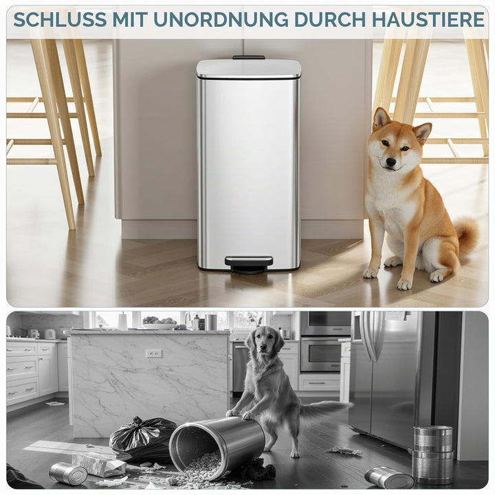 LIFERUN Mülleimer 30L aus Stahl, rechteckiger Abfalleimer mit Soft-Close-Deckel, Pedal und Inneneime