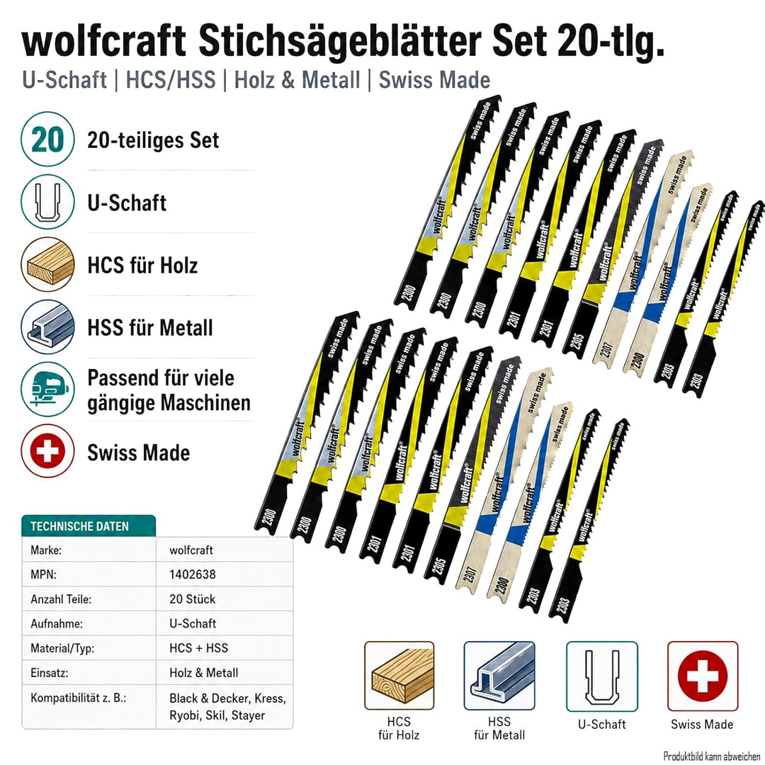 Stichsägeblätter Set 20-teilig, Swiss Made, für Holz (HCS) & Metall (HSS), U-Schaft-Aufnahme, kompat